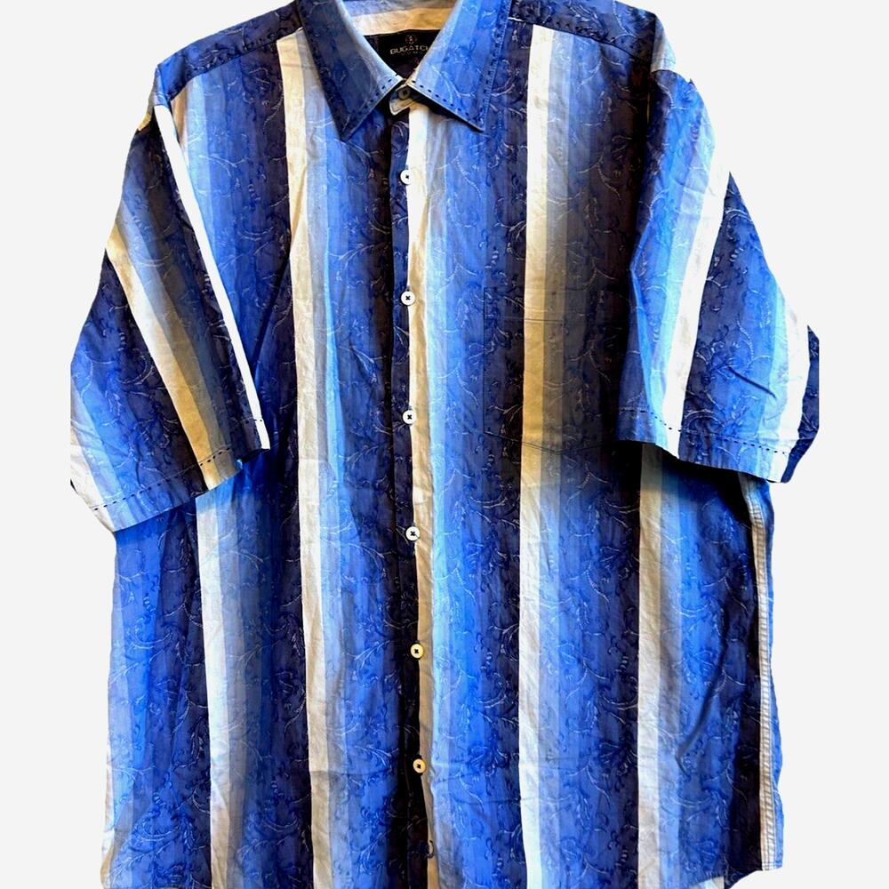 Bugatchi Uomo Blue Striped Shirt XL Short Sleeve Floral Design Cruise Club Retro